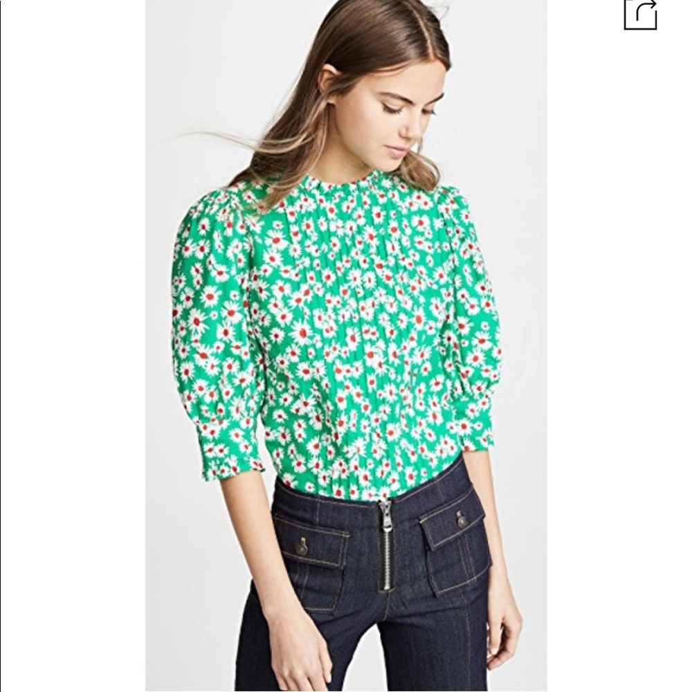 RIXO Green Floral Puff-Sleeve Blouse